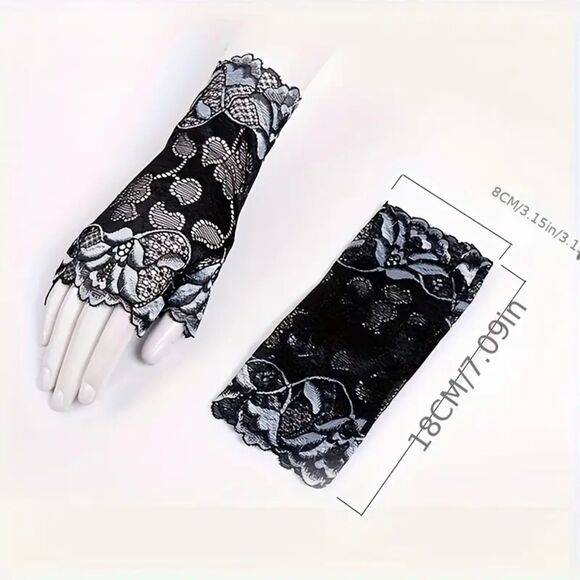 Elegant Lace Fingerless Gloves for Women Black & Gray - Picture 2 of 4